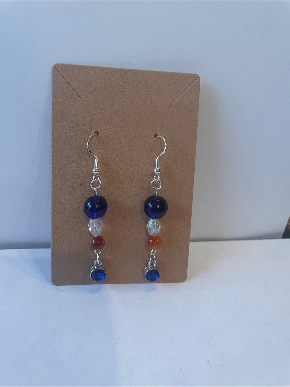 Handmade Blue and Orange Beaded Dangle Earrings